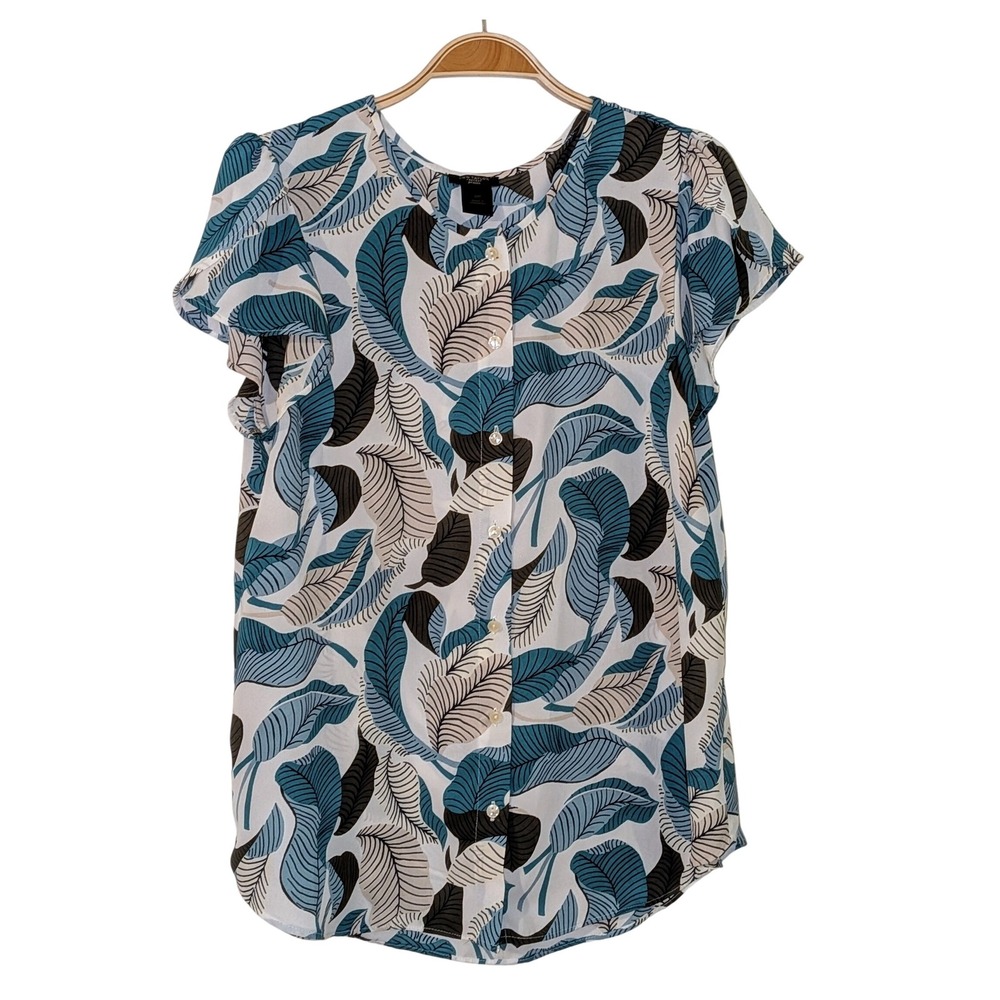 Ann Taylor Factory Petite Leaf‎ Print Flutter Sleeve Button Front Blouse MP NWOT